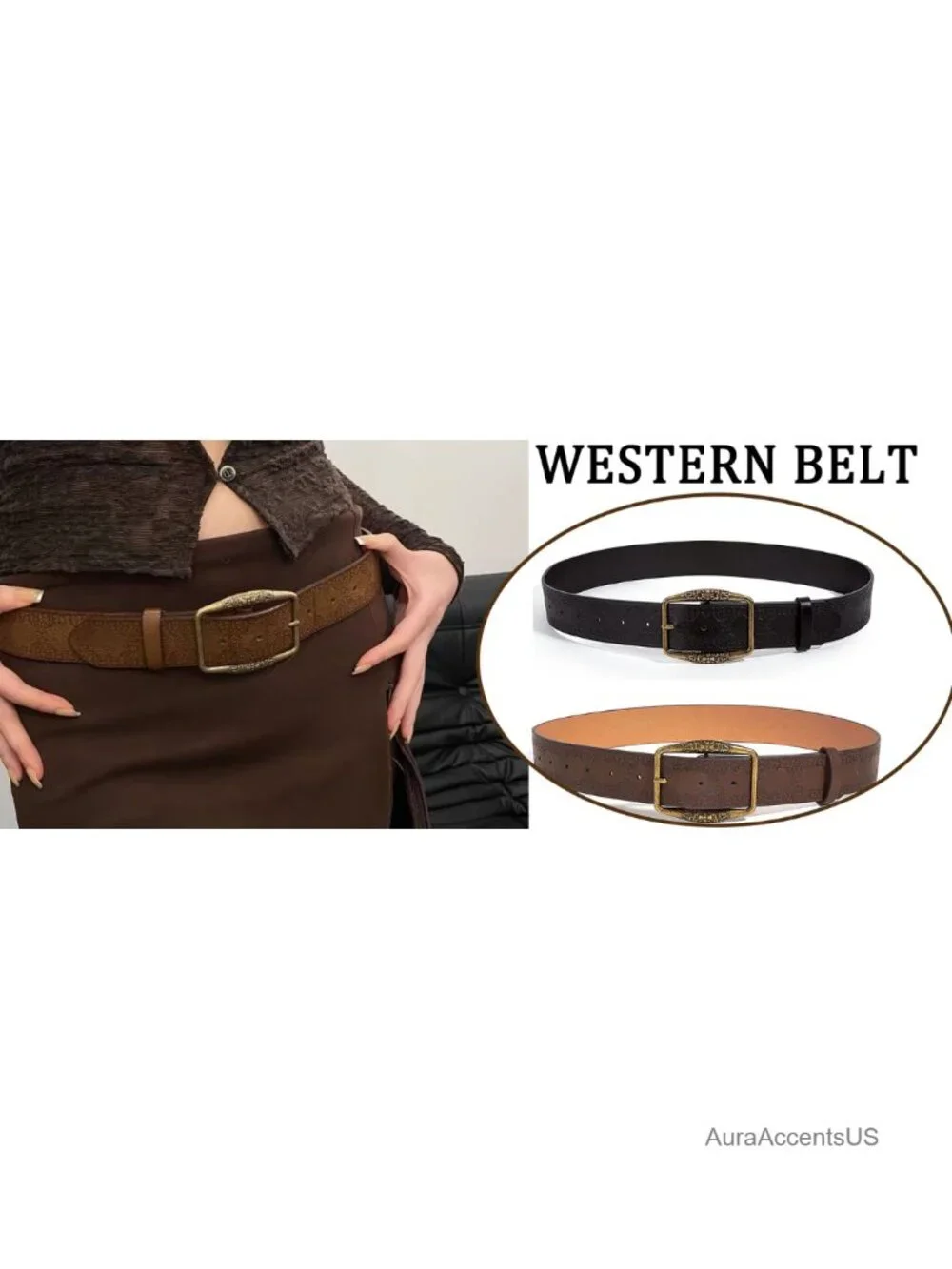 Vintage Western Faux Leather Belt Metal Buckle Country Cowgirl